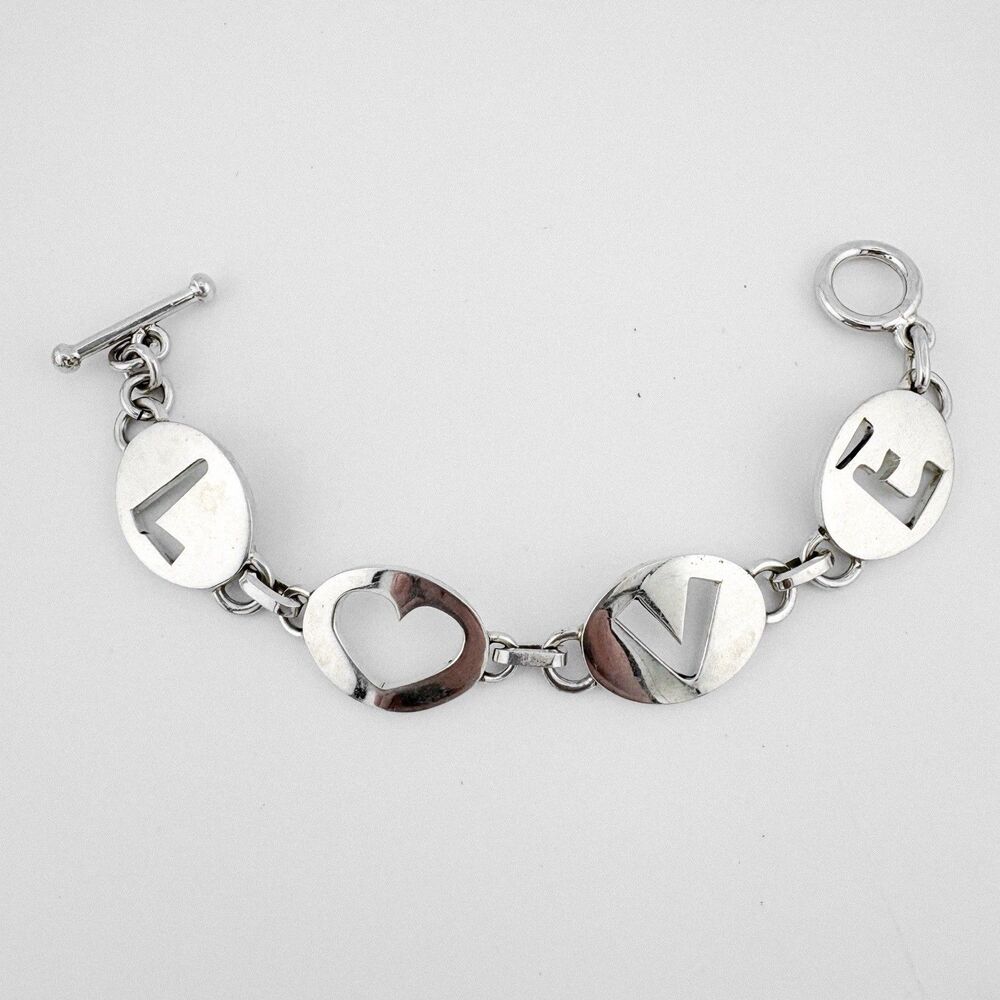 LOVE Fancy Link Bracelet Sterling 925 Silver Heart Toggle Clasp Heavy 39.3g 7.5”